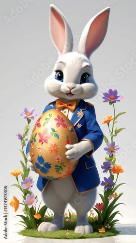 Easter theme with Easter eggs and white bunnies on a clean background, with soft shadows and delicate details.