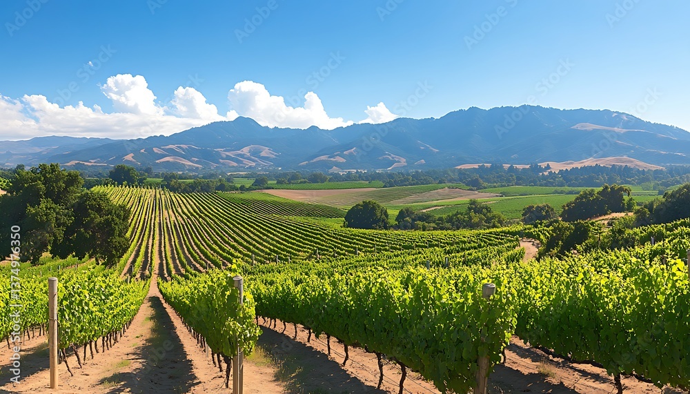 Fototapeta premium Vineyard landscape with sunny mountains.