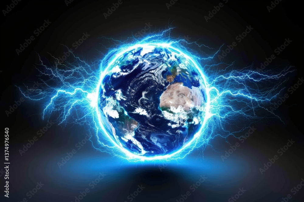 Fototapeta premium A vibrant depiction of Earth surrounded by electric blue energy, symbolizing power and the interconnectedness of the planet.
