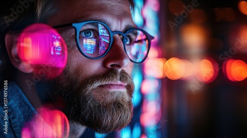 A thoughtful man with glasses reflects neon lights