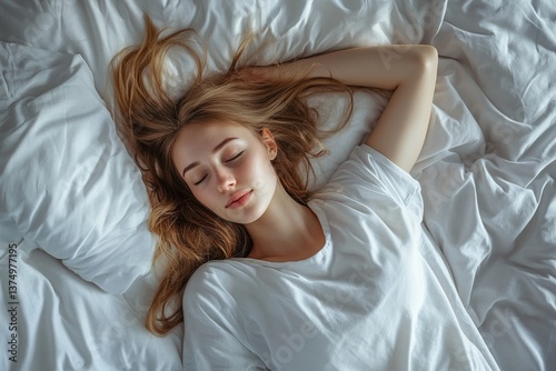 Top view of calm lady sleeping well on her back, resting, enjoying fresh cotton bedding, soft pillow and comfy mattress, copy space, banner