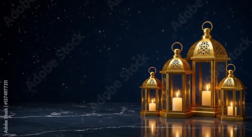 Golden Lanterns with Candles Shining on Dark Marble Surface for Holiday