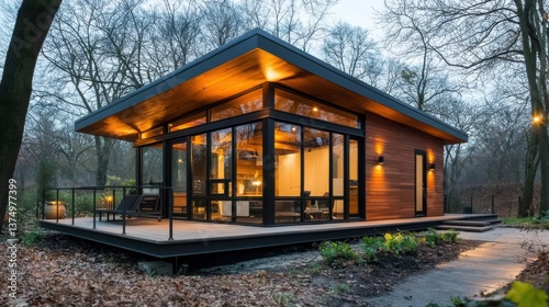 A contemporary, loft-inspired small house with a sleek, minimalist interior design featuring an open floor plan, abundant natural light, and modern, functional furnishings.