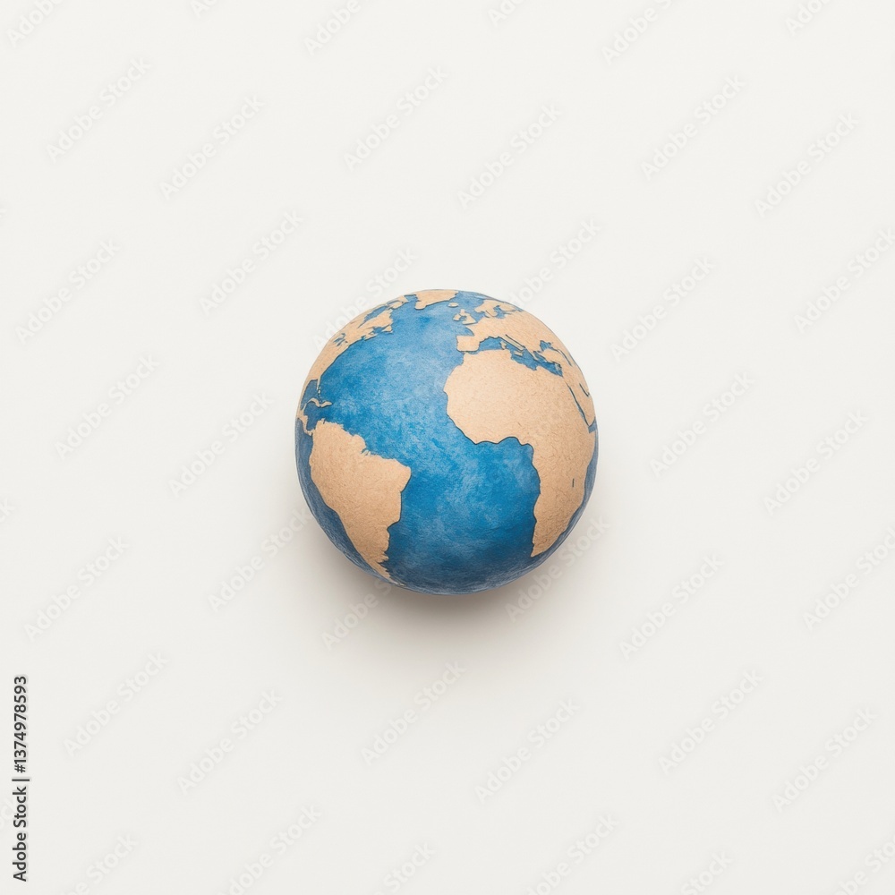 A small, hand-painted globe showing continents in earthy tones and oceans in blue, set against a plain background. A small, hand-painted globe showing continents in earthy tones and oceans in blue, set against a plain background.