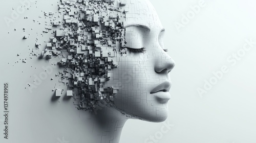Abstract 3D human face dissolving into geometric cubes on minimalist white background, digital identity concept, futuristic and modern design