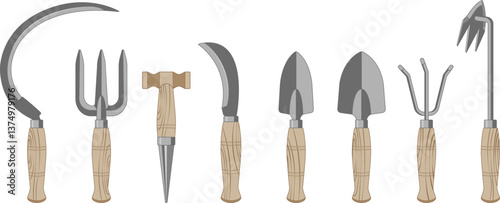 Garden tools set. Garden tools with wooden handle. Vector illustration isolated on white.