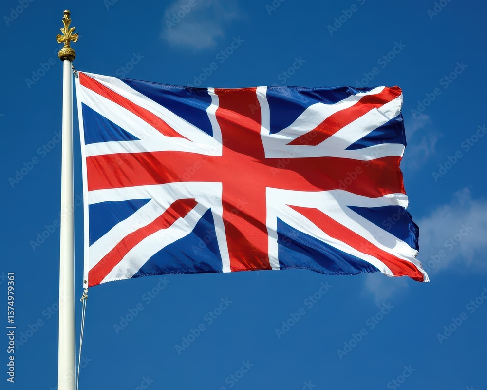 A vibrant British flag, with its iconic red, white, and blue colors, flutters gracefully against a clear blue sky, showcasing its rich heritage and national pride. A vibrant British flag, with its iconic red, white, and blue colors, flutters gracefully against a clear blue sky, showcasing its rich heritage and national pride.