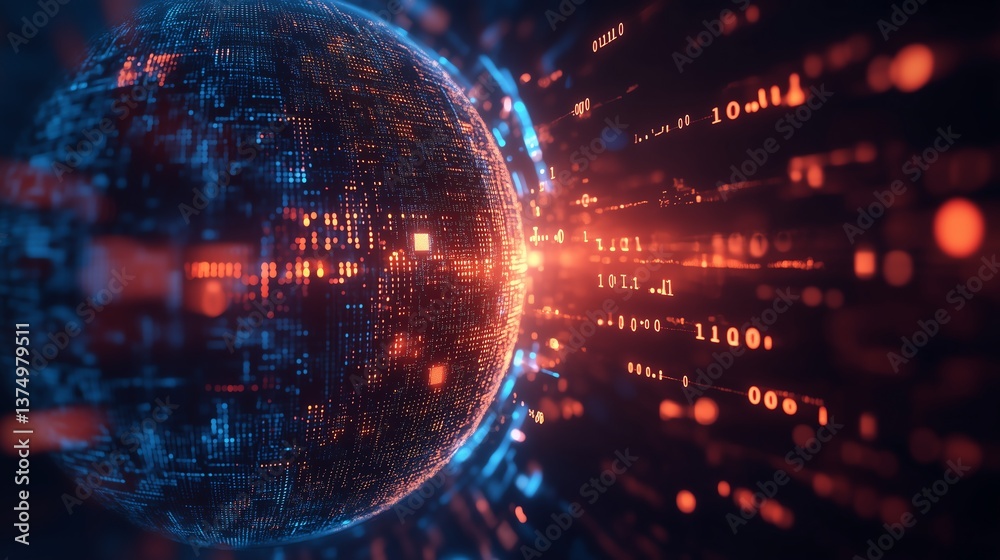 Glowing globe with binary code overlay, symbolizing global AI connection on dark minimalist background Glowing globe with binary code overlay, symbolizing global AI connection on dark minimalist background