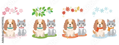 犬と猫のイラスト　春夏秋冬