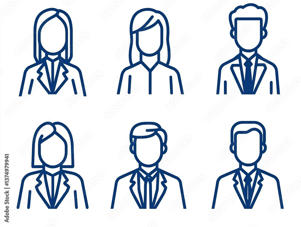 Minimalist vector illustration of a business avatar set, featuring office professionals in simple blue line art on a clean white background, ideal for profile pictures and social media Minimalist vector illustration of a business avatar set, featuring office professionals in simple blue line art on a clean white background, ideal for profile pictures and social media
