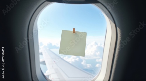 In-flight note mockup displaying scenic view from airplane window cloudy sky travel inspirational concept