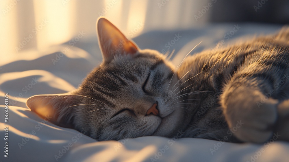 Naklejka premium Gray Tabby Cat Sleeping Peacefully in Sunlight on White Bed