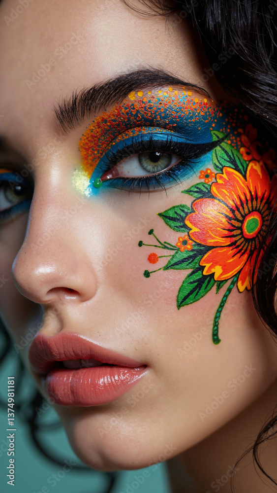 Vibrant spring eyeliner art with bold floral and geometric designs for beauty blogs, social media, and cosmetic ads, isolated on transparent background keywords: eyeliner, makeup, beauty, spring