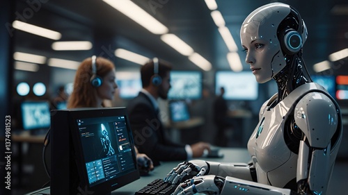 AI-Powered Call Center Robot Assisting Customers in a Futuristic Office