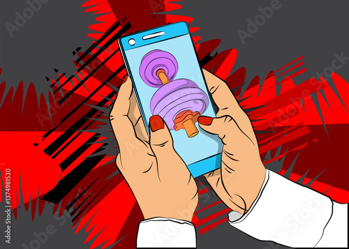 Cartoon Smartphone, comic book Telephone with Dumbbell. Retro vector comics pop art design.