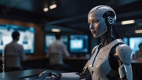 AI-Powered Call Center Robot Assisting Customers in a Futuristic Office
