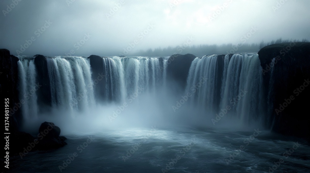 Fototapeta premium Majestic Waterfall Flowing in Dramatic Landscape with Misty Sky