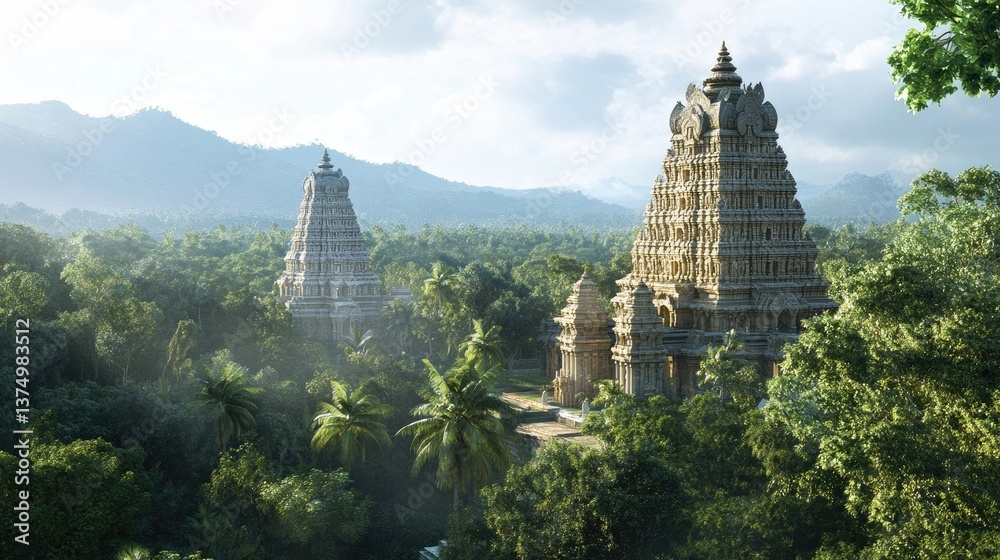 A majestic view of a temple dedicated to Lord Perumal surrounded by nature A majestic view of a temple dedicated to Lord Perumal surrounded by nature