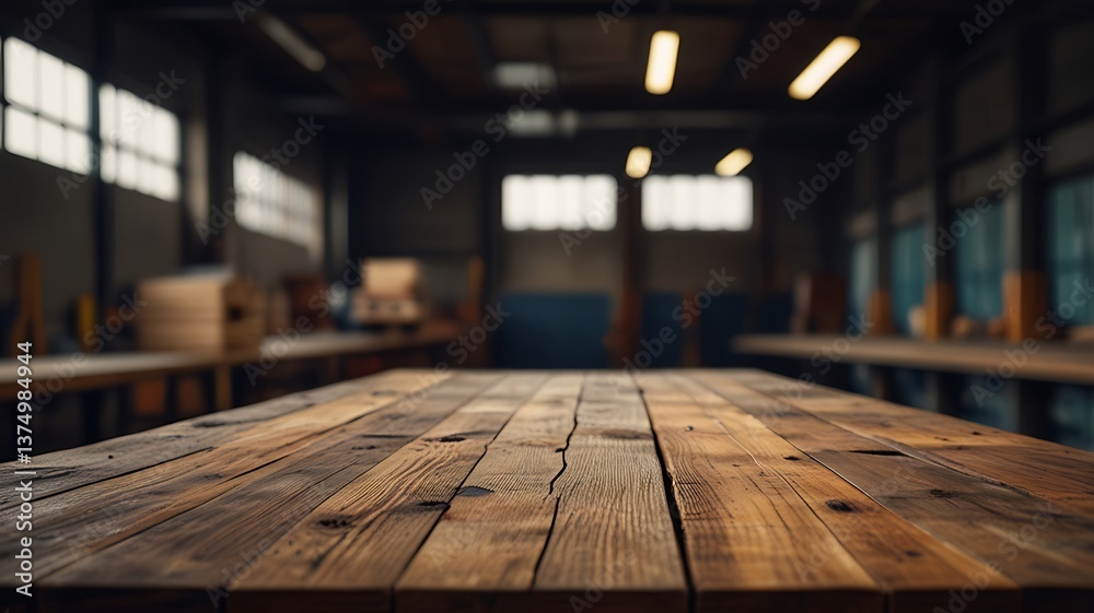 Empty wood table top in an industrial warehouse with a blurred background. The focus is on the table surface. Empty wood table top in an industrial warehouse with a blurred background. The focus is on the table surface.