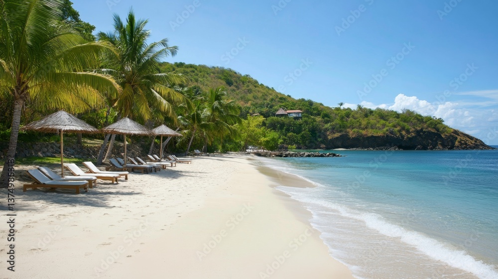 Fototapeta premium Serene Tropical Beach with Palm Trees and Lounge Chairs on Coastline