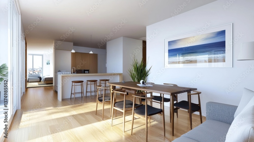 A compact and elegantly designed minimalist studio apartment with a cozy dining area integrated into the open-plan living space. A compact and elegantly designed minimalist studio apartment with a cozy dining area integrated into the open-plan living space.