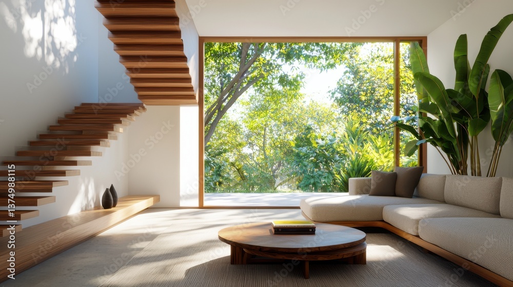 Fototapeta premium Cozy and comfortable Scandinavian-inspired living room with natural wood accents, plenty of natural light, and a minimalist, inviting atmosphere