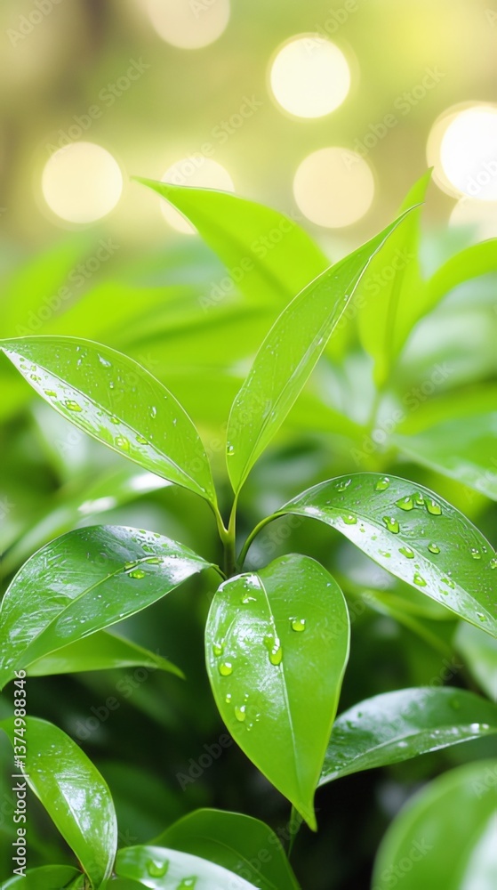 Fresh Green Leaves with Water Droplets Shining in Soft Light Fresh Green Leaves with Water Droplets Shining in Soft Light