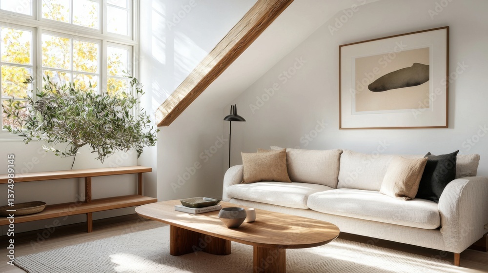 Fototapeta premium A cozy and tranquil small living room featuring minimalist Scandinavian design elements, including a comfortable couch, natural wood furniture.