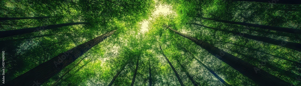 Fototapeta premium A serene forest scene featuring towering trees with lush green leaves, sunlight filtering through the canopy, casting dappled shadows on the forest floor, creating a tranquil atmosphere.