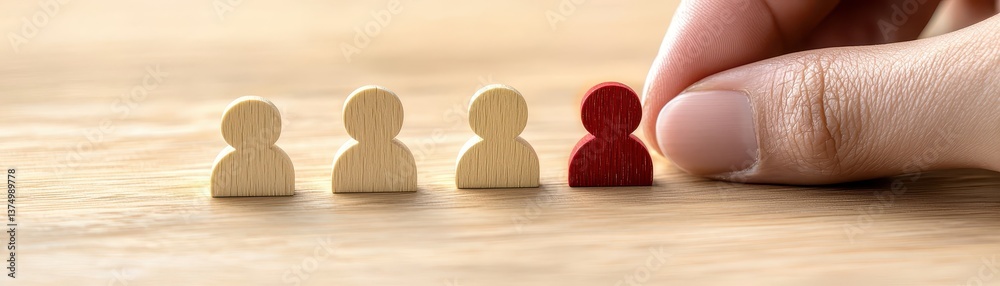 Fototapeta premium Interactive playtime, wooden toy figure engaging with small red toy for childhood development and learning