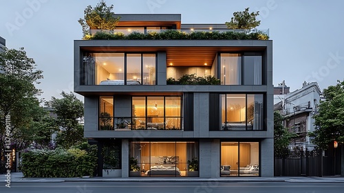 Modern apartment building facade at twilight. Exterior view. Possible use for architectural design or real estate marketing