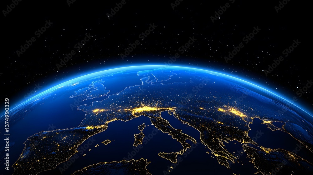 Obraz premium A nighttime satellite view of Europe, showing the bright lights of its major cities and the darkness of its rural areas, set against the backdrop of space.