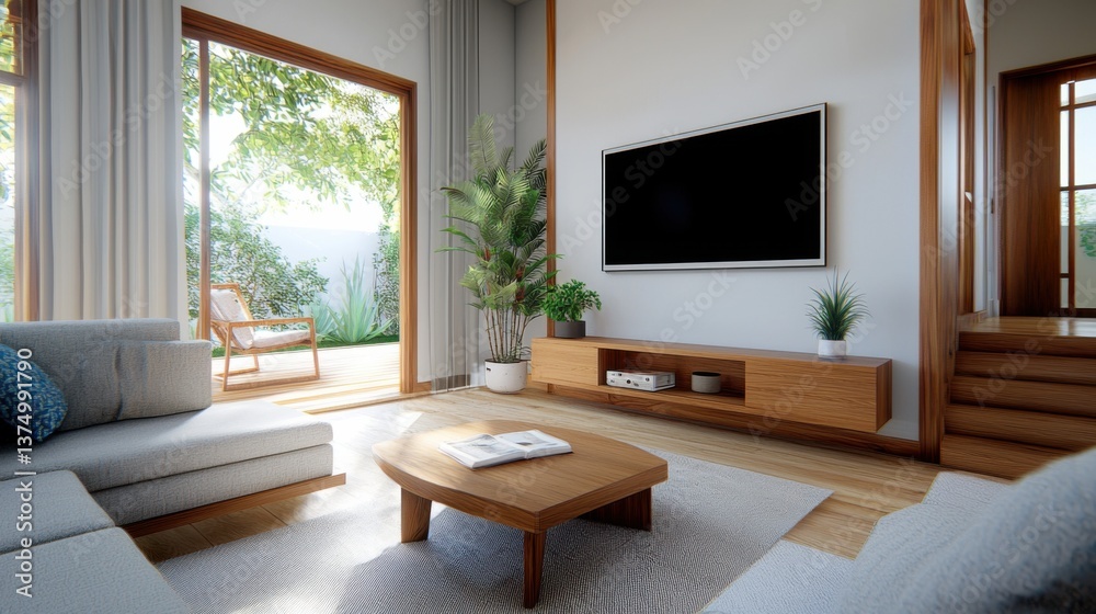 A cozy and inviting small living room with natural wooden stairs, warm neutral tones, and a harmonious, minimalist design. A cozy and inviting small living room with natural wooden stairs, warm neutral tones, and a harmonious, minimalist design.