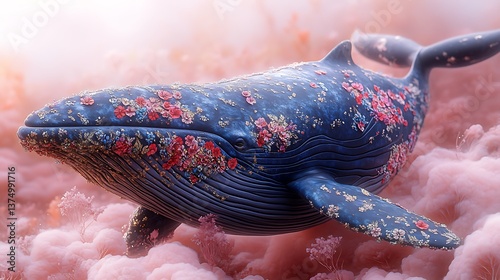 Ornate Whale in a Pink Cloud; Artistic Underwater Scene; Visual Story Telling; Stock Photo Use photo