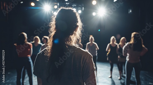 People rehearsing on a theater stage under bright spotlights, viewed from backstage.
