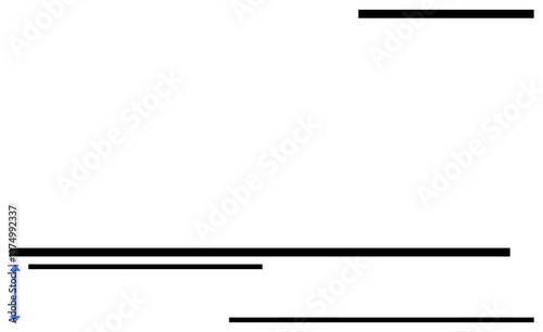 Black horizontal lines of varying lengths and thickness intersect with a blue vertical double-headed arrow. Ideal for geometry, precision, measurement, minimalism, alignment, abstract design, flat
