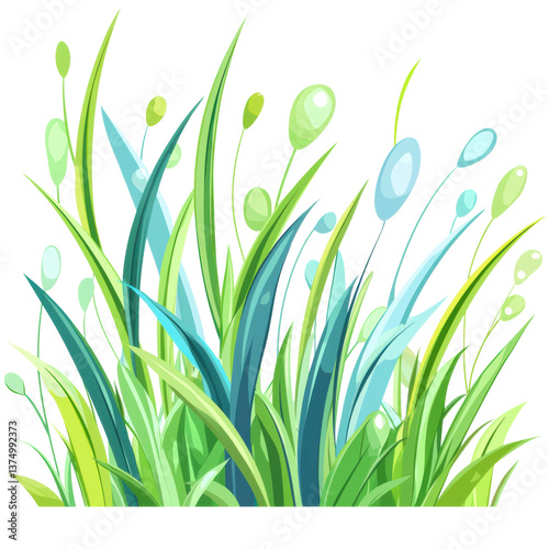isolated transparent Background. Lush green grass with soft blades and delicate leaves swaying gently in breeze