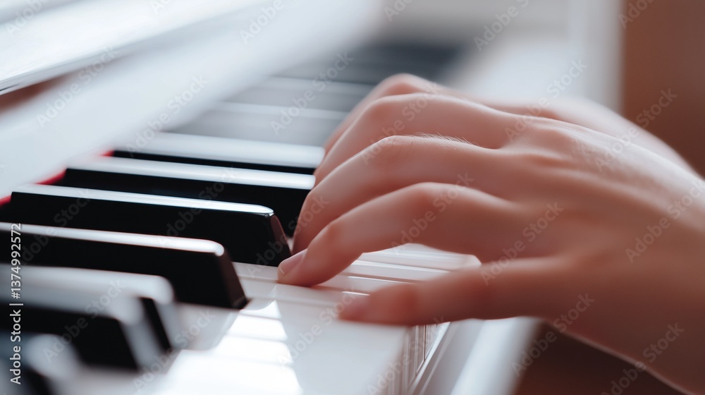 Obraz premium Close-up of a person's hand playing the piano. the hand is positioned on the keys of the piano, with the fingers slightly spread apart.