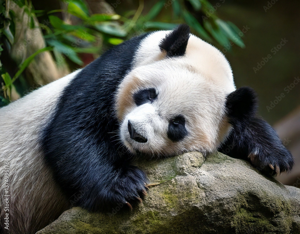 Obraz premium Adorable giant panda bear sleeping on rock