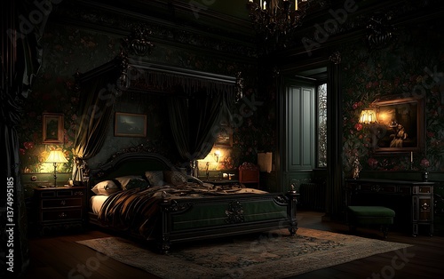 Dark, opulent bedroom with antique furnishings