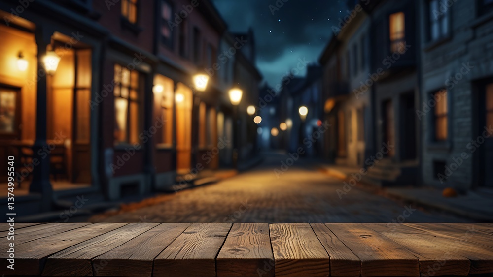 Obraz premium Empty wood table top on Halloween street with a blurred background. The focus is on the table surface