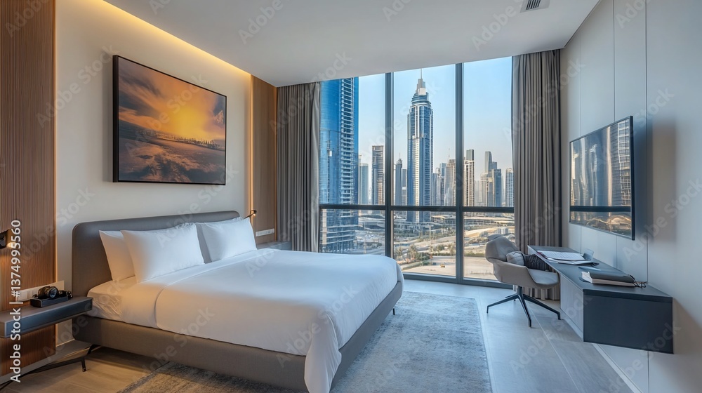 Fototapeta premium Modern Hotel Room with City View in Dubai, Luxurious Accommodation