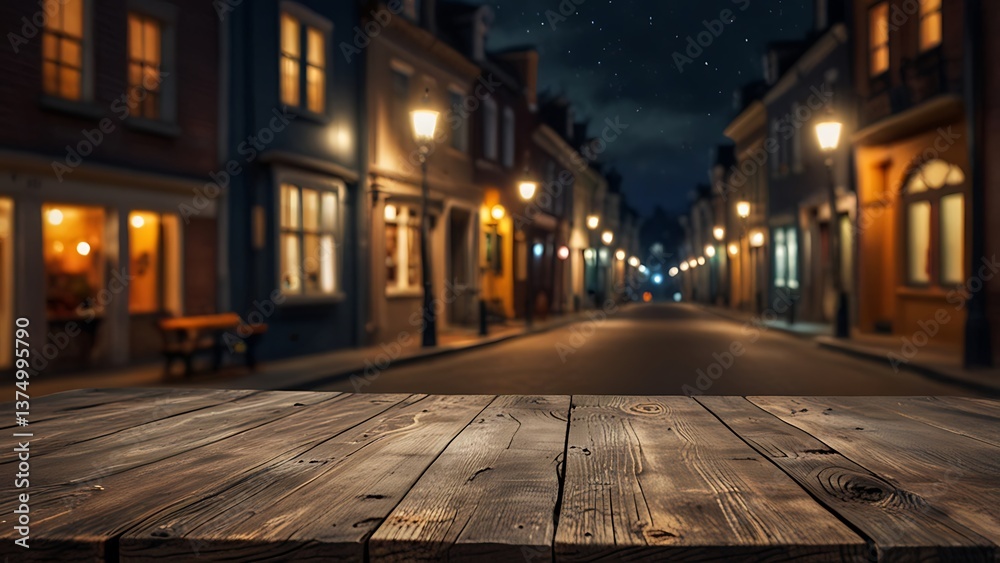 Fototapeta premium Empty wood table top on Halloween street with a blurred background. The focus is on the table surface
