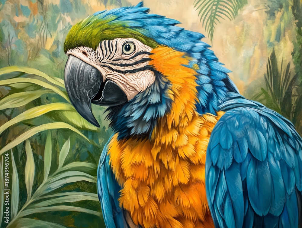 Obraz premium Colorful Macaw Parrot Amidst Lush Tropical Foliage Detailed Illustration
