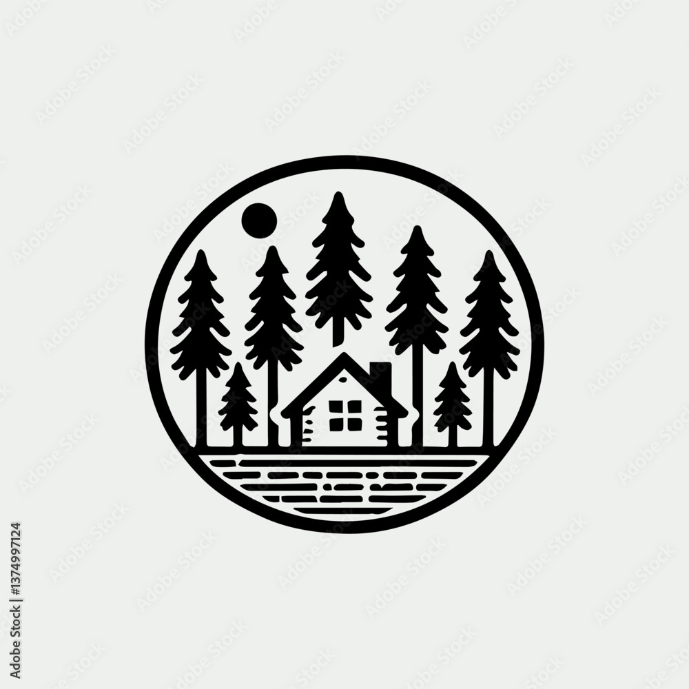 Fototapeta premium Vintage forest home vector logo illustration with trees and wooden elements