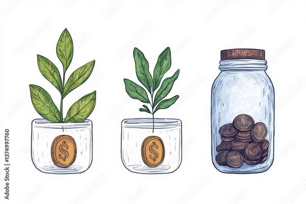 Illustration of three plants in transparent containers, with a jar holding seeds, symbolizing growth and potential. Illustration of three plants in transparent containers, with a jar holding seeds, symbolizing growth and potential.