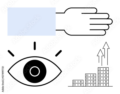 Minimalist design featuring an open hand, focused eye, and building-thumbs up bars with arrows rising. Ideal for teamwork, vision, productivity, business growth, focus, innovation abstract line flat