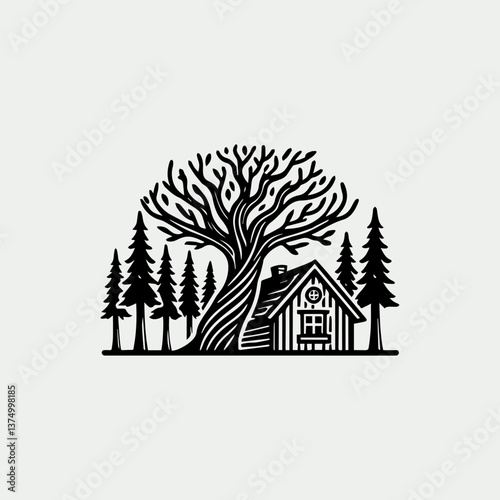 Classic vintage forest home vector logo with wooden cabin in nature 