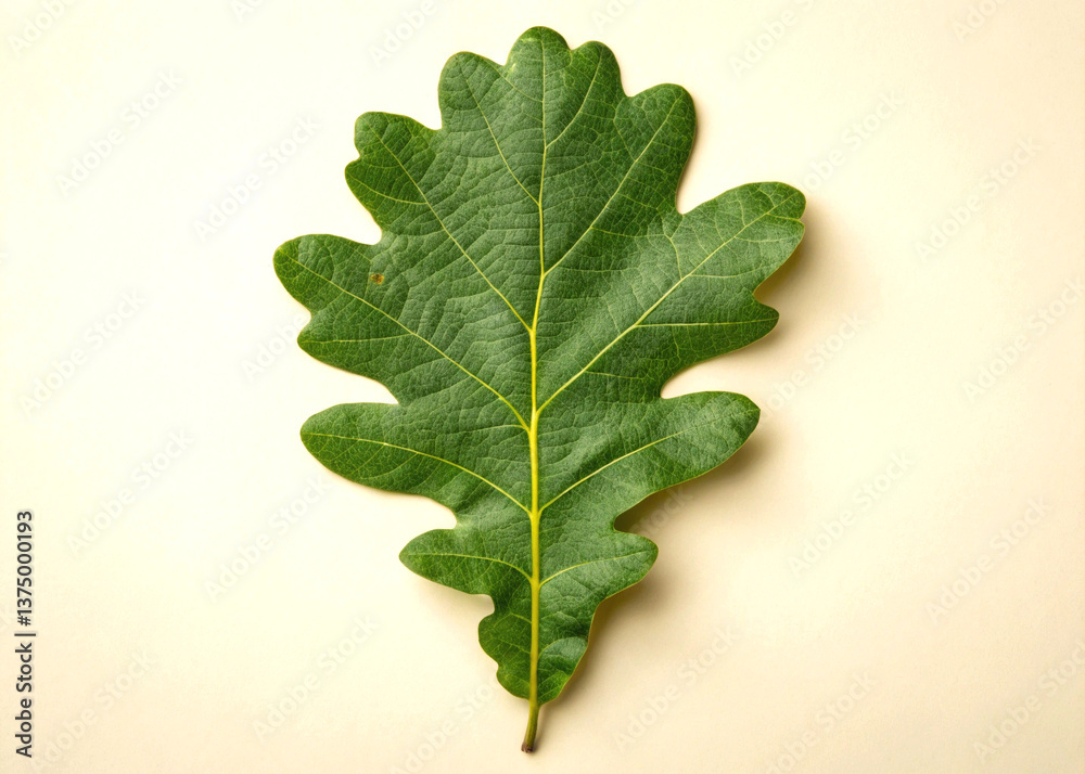 Obraz premium Isolated green oak leaf close up on a light background for botanical or nature designs use now