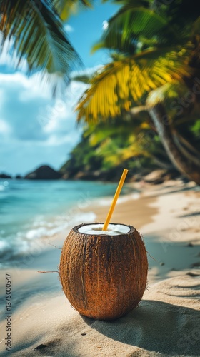 Wallpaper Mural A refreshing coconut drink with a straw, placed on a sandy beach with an ocean view Torontodigital.ca
